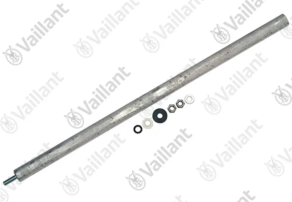 Vaillant Metallstange mit mehreren Dichtungen und Unterlegscheiben, Teil eines Heizungs- oder Warmwassersystems, auf hellem Hintergrund.